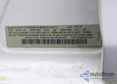 2007 Volkswagen Jetta from USA, damaged, VIN 3VWGF71K57M191568